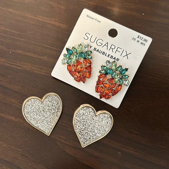 BaubleBar Jewelry - BaubleBar earrings lot - 2 pairs- Crystal Strawberry and silver/gold hearts